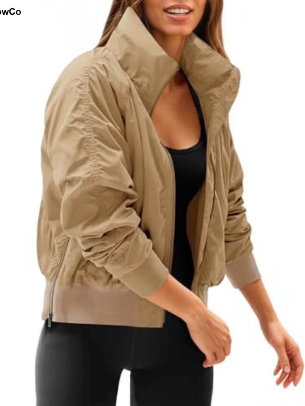 Womens Windbreaker Crop Jacket Long Sleeve Zip Up Hidden Hood Bomber Pockets